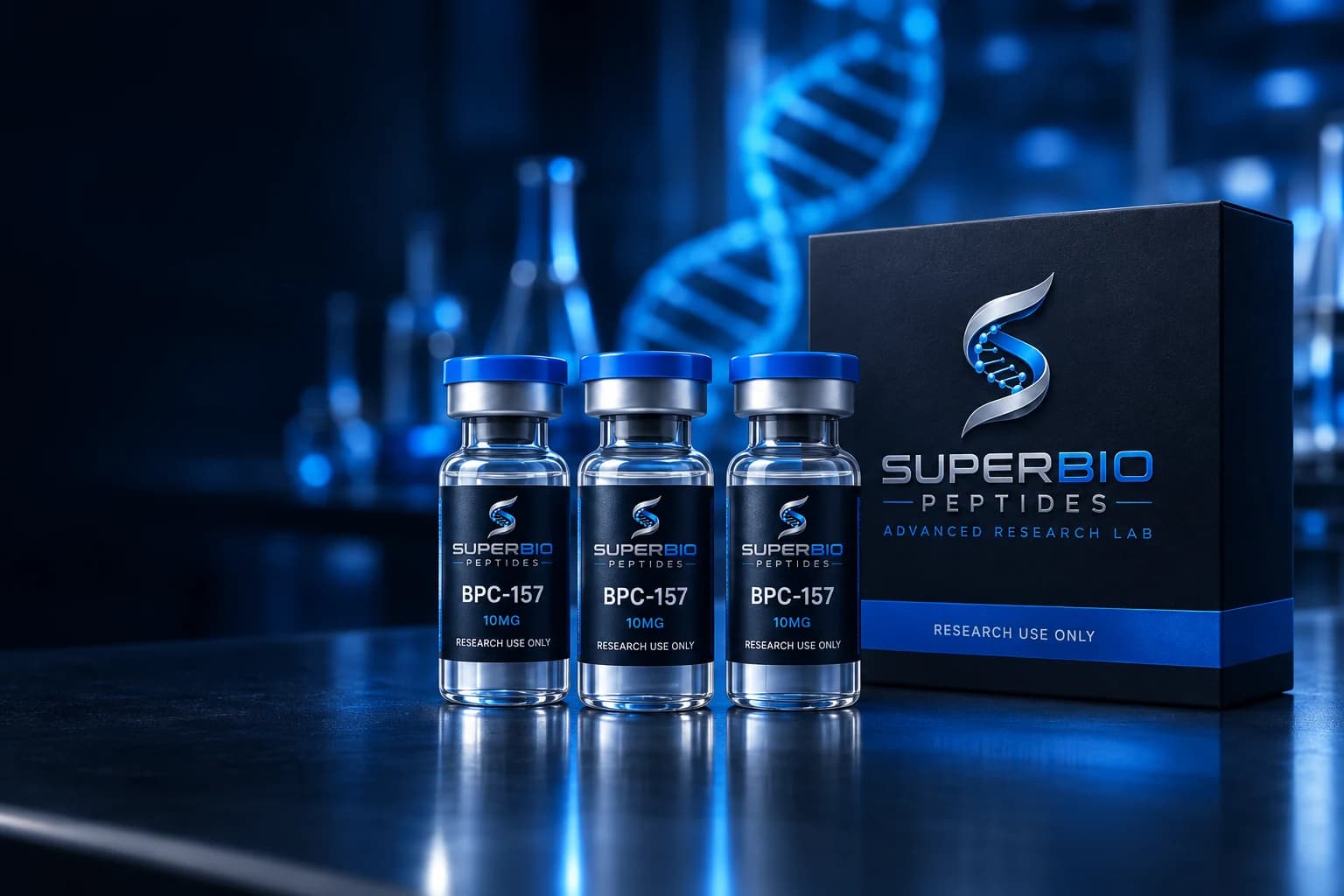 SuperBio Peptides navy packaging and blue-capped glass research vials