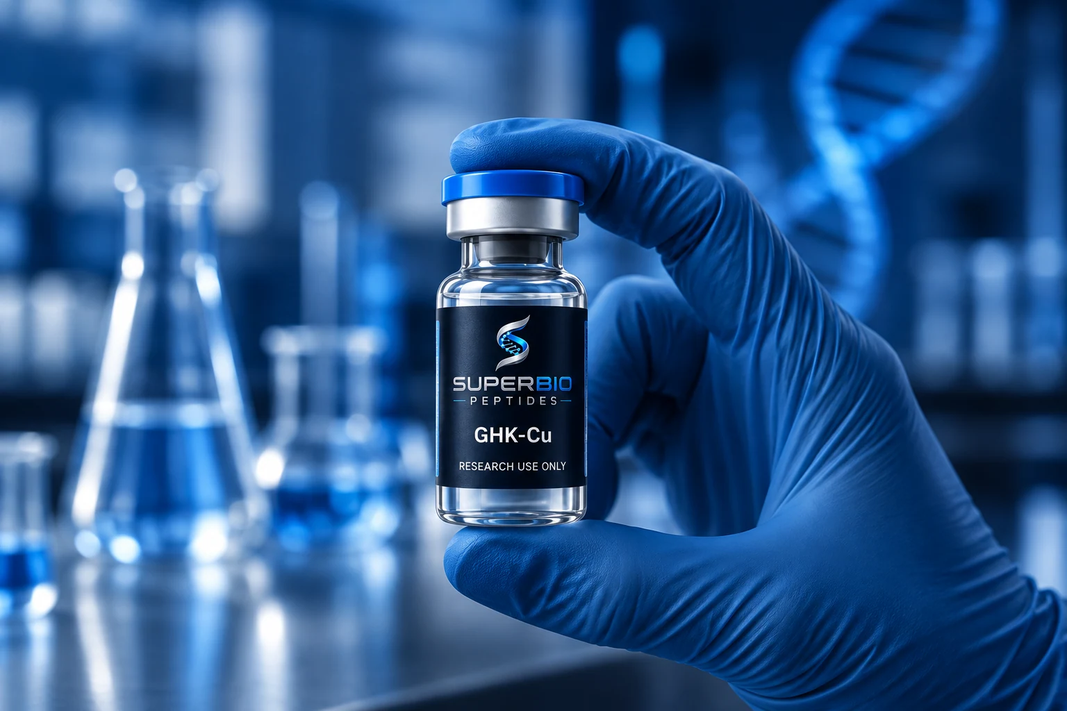 Packaging concept: blue-gloved hand holding a SuperBio research vial